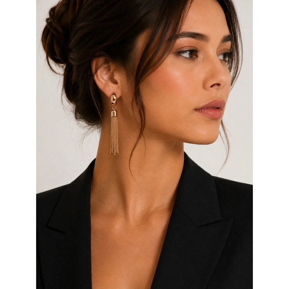 New Gold Tone Chain Tassel Hoop Drop Earrings Long Fringe Statement Jewelry